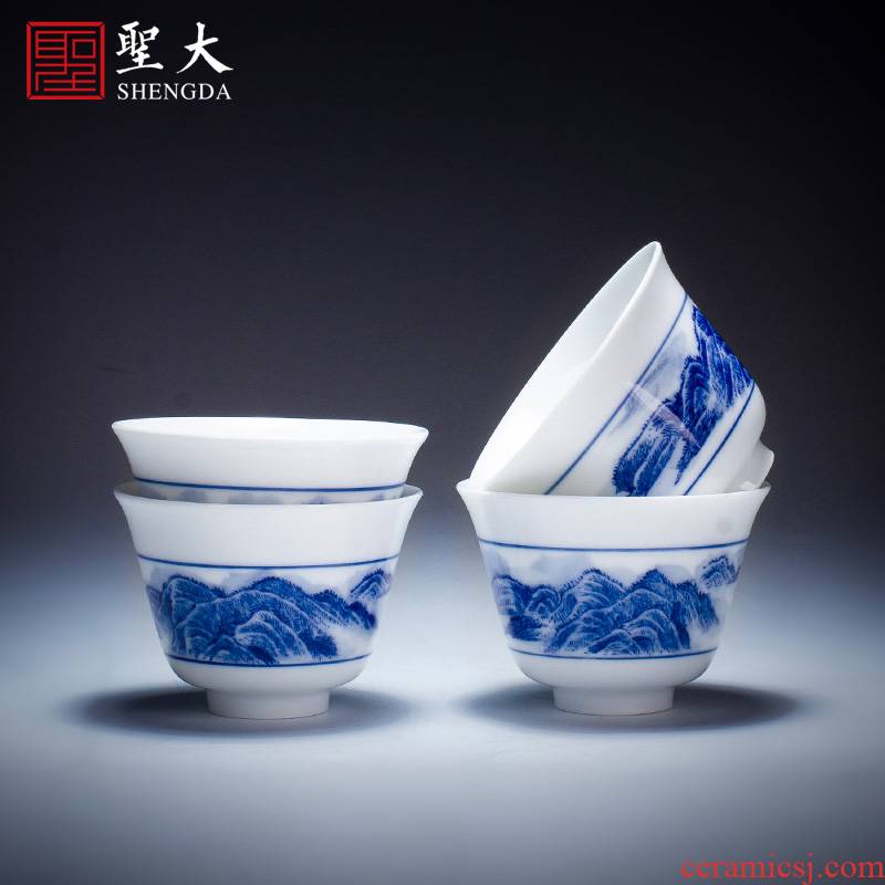 The big blue and white landscape bell cup teacups hand - made ceramic kung fu master cup sample tea cup single cups of jingdezhen tea service