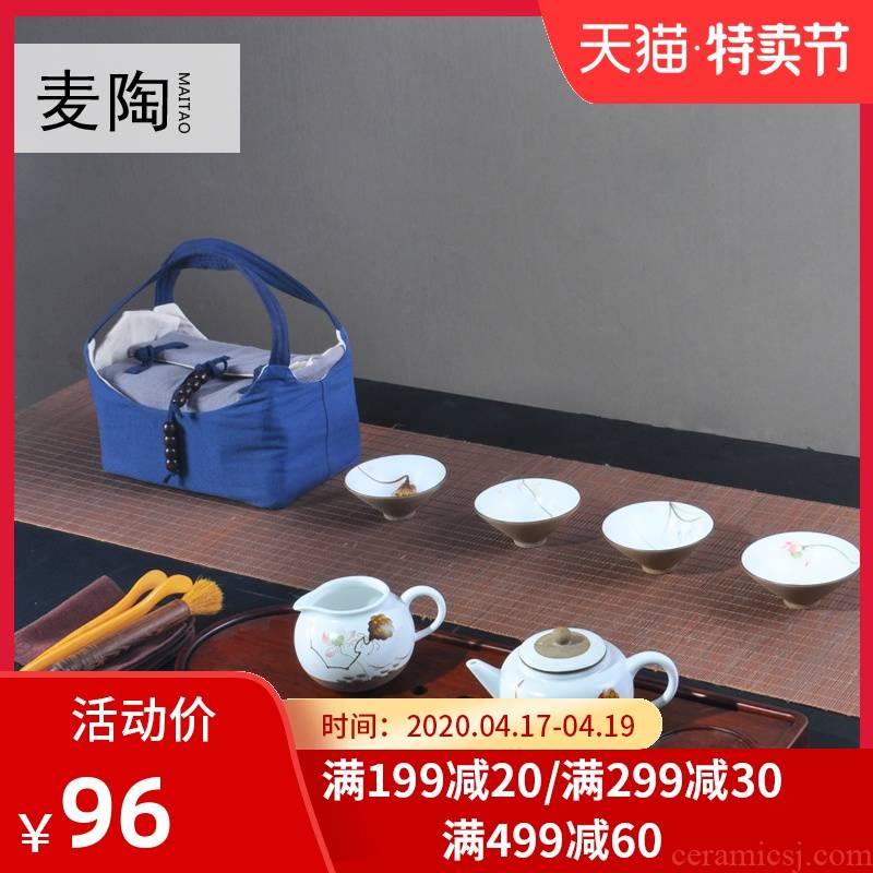 Portable travel kung fu tea sets jingdezhen hand - made MaiTao cotton and linen cloth a pot of six cup receive bag crack cup