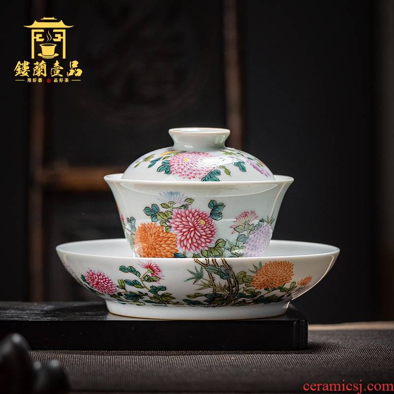 Jingdezhen ceramic hand - made pastel by only three full tureen tea cups suit household kung fu tea tea tea bowl