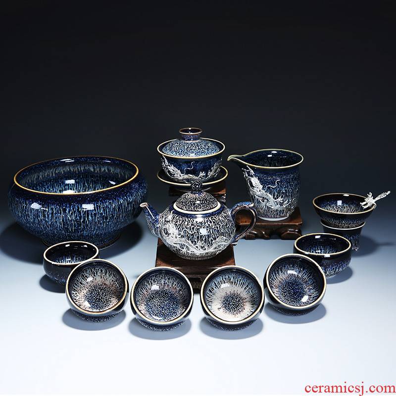 Jingdezhen built lamp that kung fu tea tea set home tasted silver gilding, variable temmoku glaze ceramic tea set tea pot