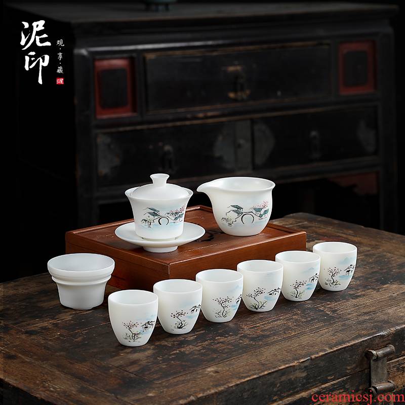 Jiangnan water mud seal kung fu tea set home sitting room hand - made dehua white porcelain teacup Chinese white gift boxes