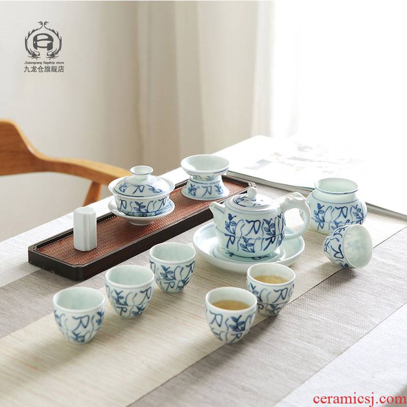 DH jingdezhen ceramic teapot antique hand - made kung fu tea set of blue and white porcelain cup three tureen cup