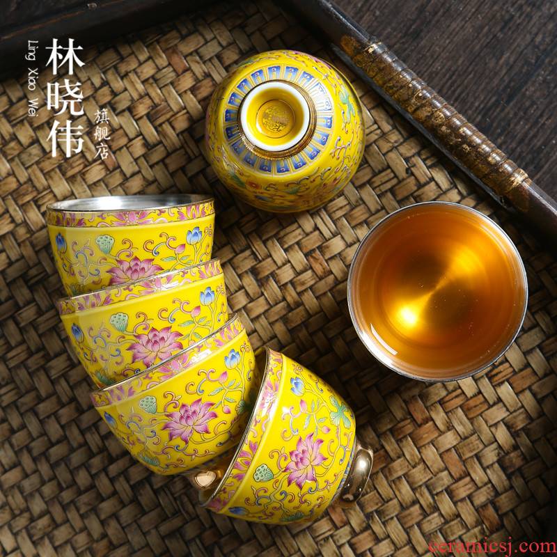 Jingdezhen tasted silver gilding kung fu tea colored enamel hand - made ceramic cups sample tea cup master cup single cup chicken cylinder cup