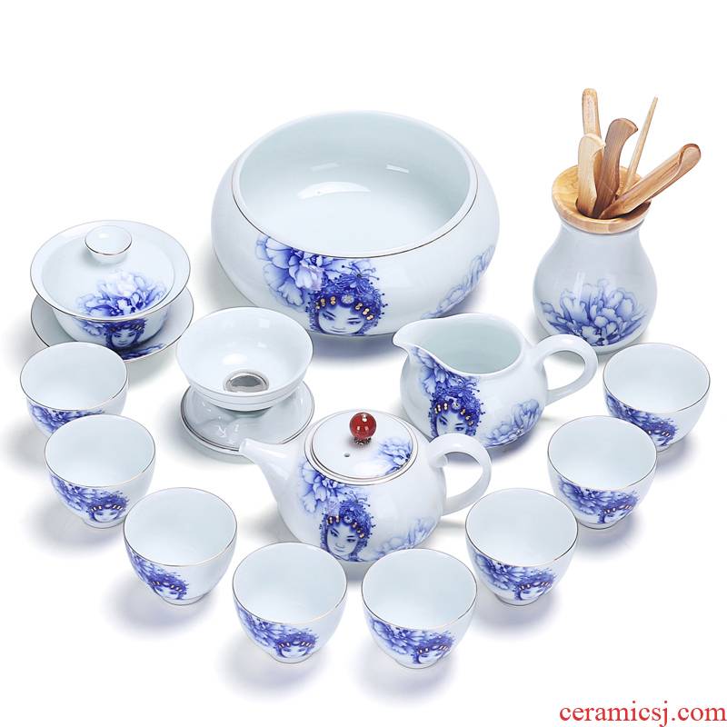 The whole household ceramics kung fu tea art tureen tea cups to wash to The see colour white porcelain Peking Opera blue and white porcelain tea set