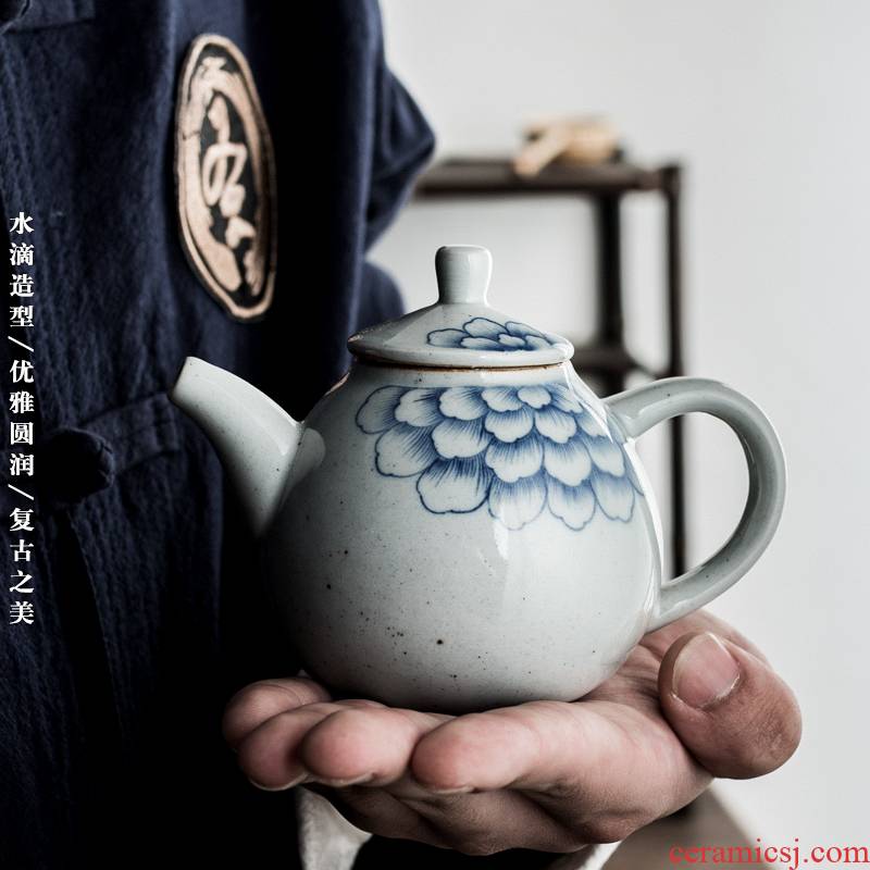 Poly real view jingdezhen blue and white peony antique teapot hand - made teapot kung fu tea thick clay POTS teapot by hand