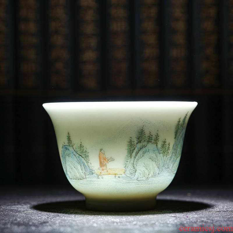 Build light teacups hand - made ceramic individual sample tea cup kung fu tea cup of landscape painting white porcelain cup cup master CPU