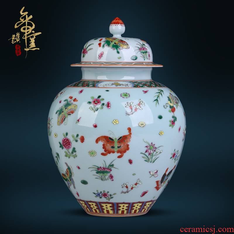 Jingdezhen ceramics archaize pea green glaze azure storage cover pot Chinese ancient frame sitting room decoration as furnishing articles