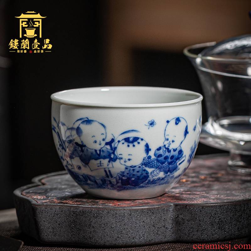 Jingdezhen ceramic all hand blue maintain infant play figure master cup home of kung fu tea tea cup single CPU