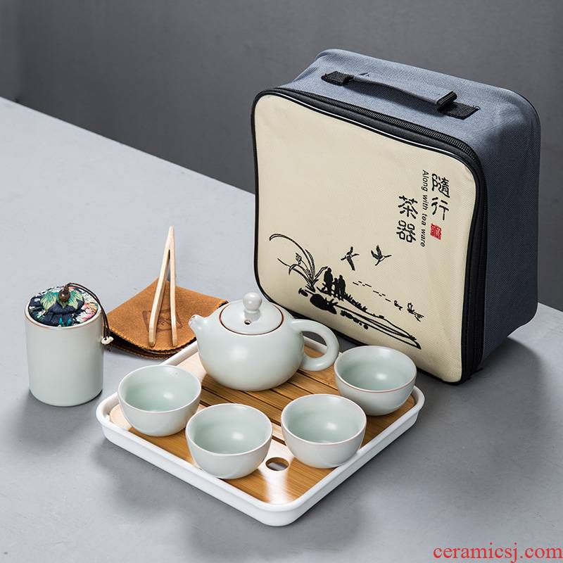 Travel tea set suit portable package ceramic cup to crack a pot of two cups of kung fu tea set suit household whole tea tray