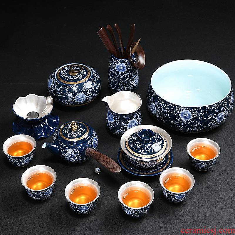 Blue and white coppering. As silver tea set a complete set of kung fu tea set manually household ceramic tea set tea tray teapot teacup gift boxes