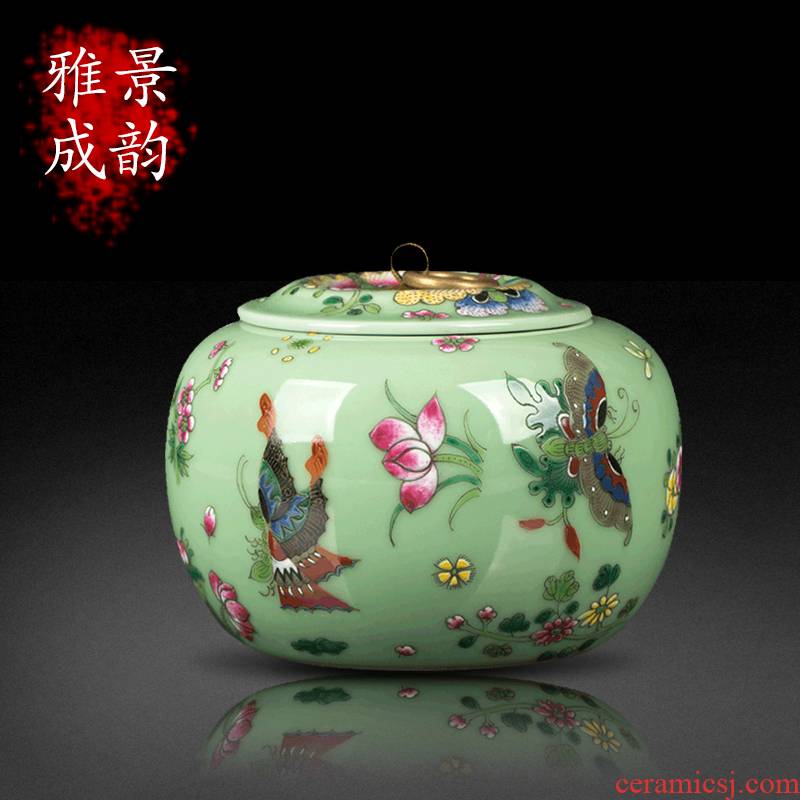 Jingdezhen ceramic pea green butterfly caddy fixings home furnishing articles general tea store canned POTS