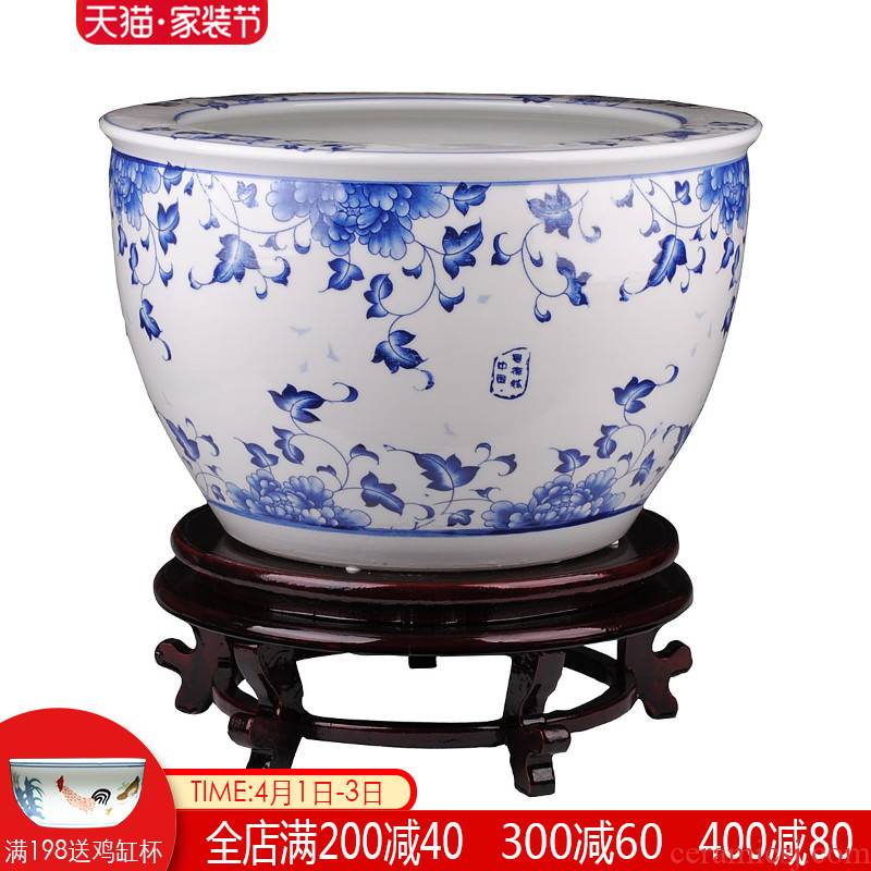 The tripod with two handles all The goldfish bowl of blue and white porcelain of jingdezhen ceramics have practical that occupy The home furnishing articles water lily tortoise cylinder in large