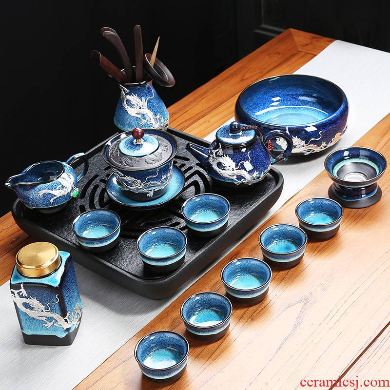 Kung fu tea set suit household up coppering. As silver red glaze, a complete set of Chinese ceramic cup lid bowl masterpieces