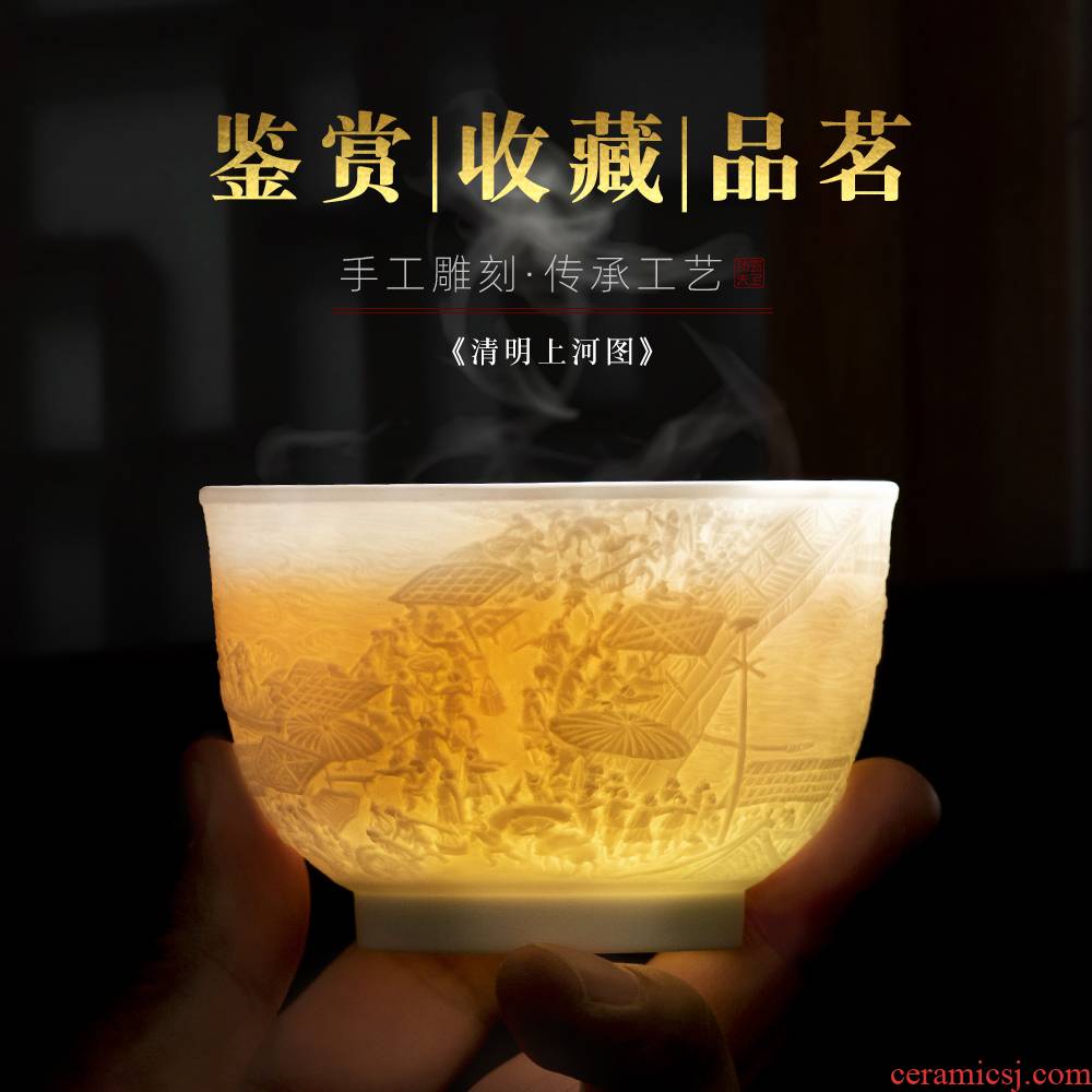 Jingdezhen ceramic cups hand - carved qingming scroll sample tea cup kung fu tea master cup single CPU antique