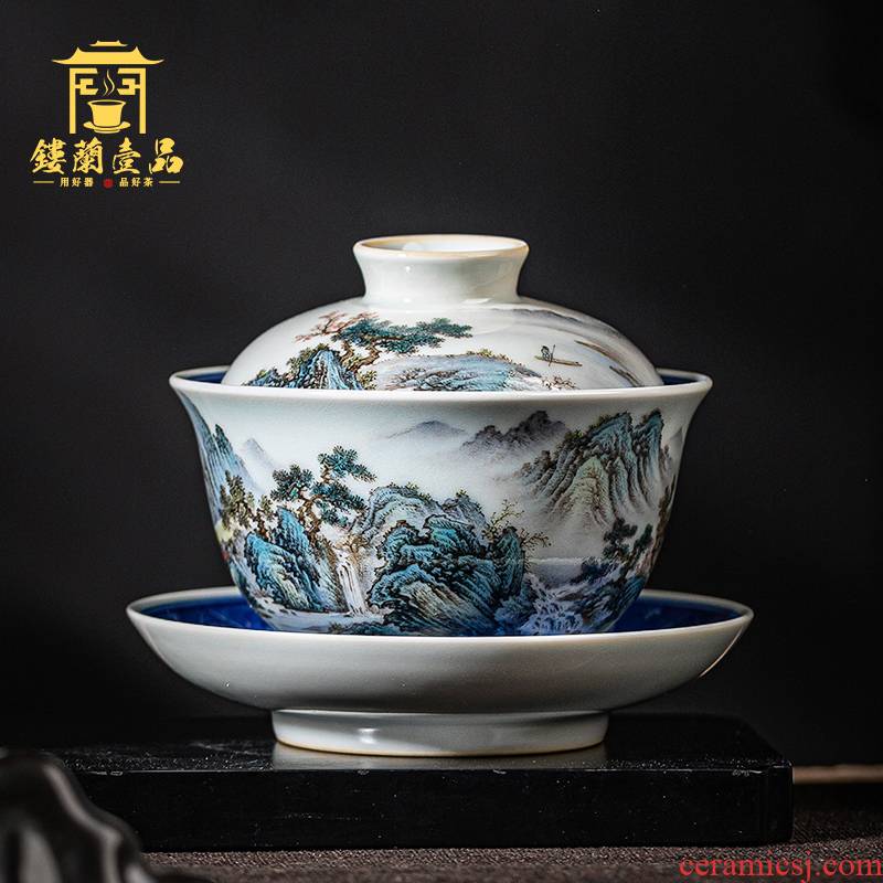 Jingdezhen ceramic all hand pastel blue and white landscape within three to make tea tureen hand - made kung fu tea set large bowl