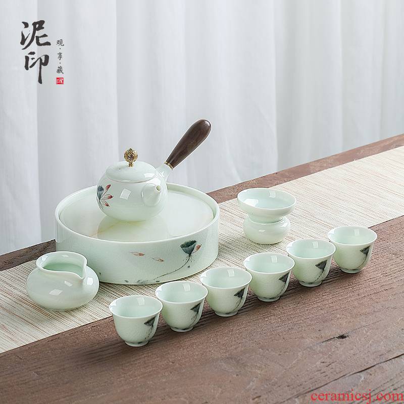 Mud seal side of kung fu tea set household green glaze lotus teapot hand - made small dry tea plate ceramic cups