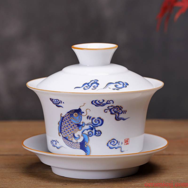 Tureen tea cups white porcelain ceramic bowl large kung fu tea kettle suet jade worship to use three bowl of suit