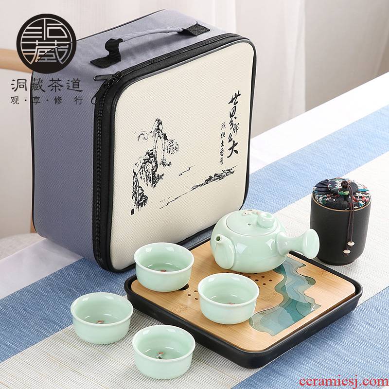 Hole hidden celadon floor kung fu tea set household contracted tea tray was suit portable travel side ceramic teapot the teapot