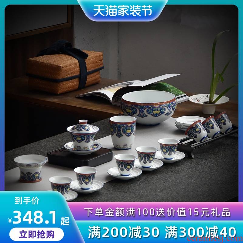 Kung fu tea set suits for domestic imitation enamel color restoring ancient ways tureen ceramic teapot teacup high - grade gift boxes of gifts