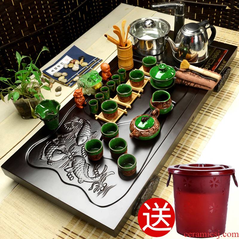 Hui, make tea sets ceramic kung fu tea set a complete set of ice to crack induction cooker tea solid wood tea tray package