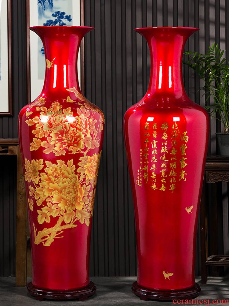 Jingdezhen ceramics high - grade red peony landing big vase continental sitting room place heavy large opening
