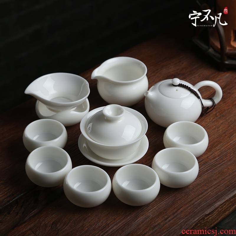 Dehua white porcelain tea set suit only three tureen kunfu tea cup teapot xi shi pot of a complete set of gift boxes