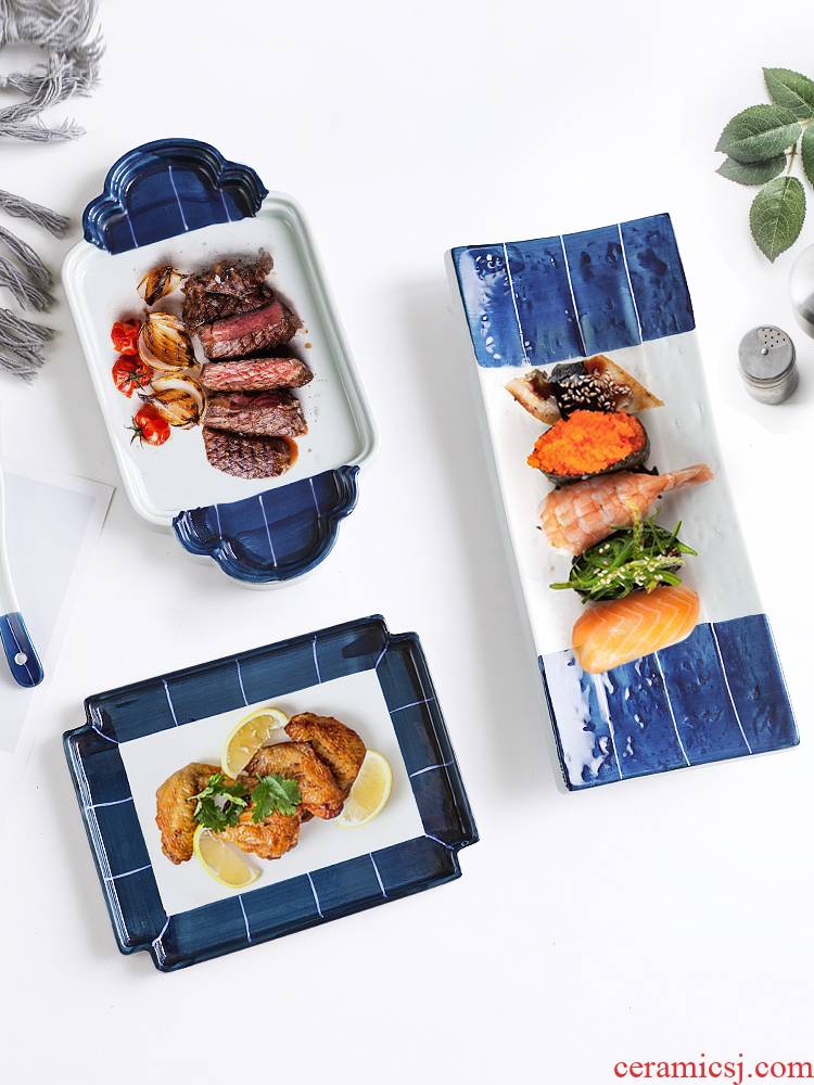 Three ceramic Japanese blue scene series cookie sheet creative sushi plate character restaurant hotel rectangular sashimi dish