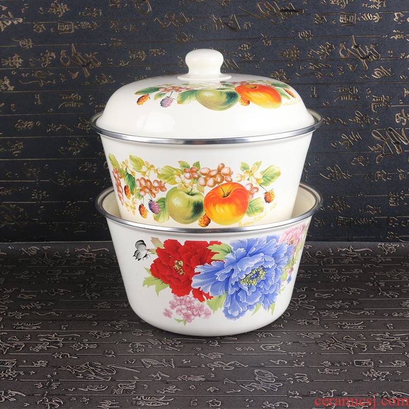 Thickening double enamel tureen enamel POTS with cover large heightening tureen mixing bowl of soup basin rainbow such as bowl with rice//