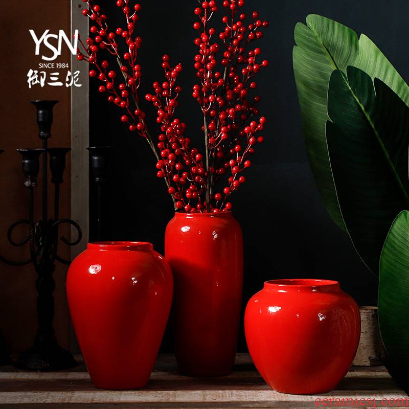 Red Chinese jingdezhen ceramics creative household plug-in artificial flowers dried flower adornment of I sitting room place mesa vase