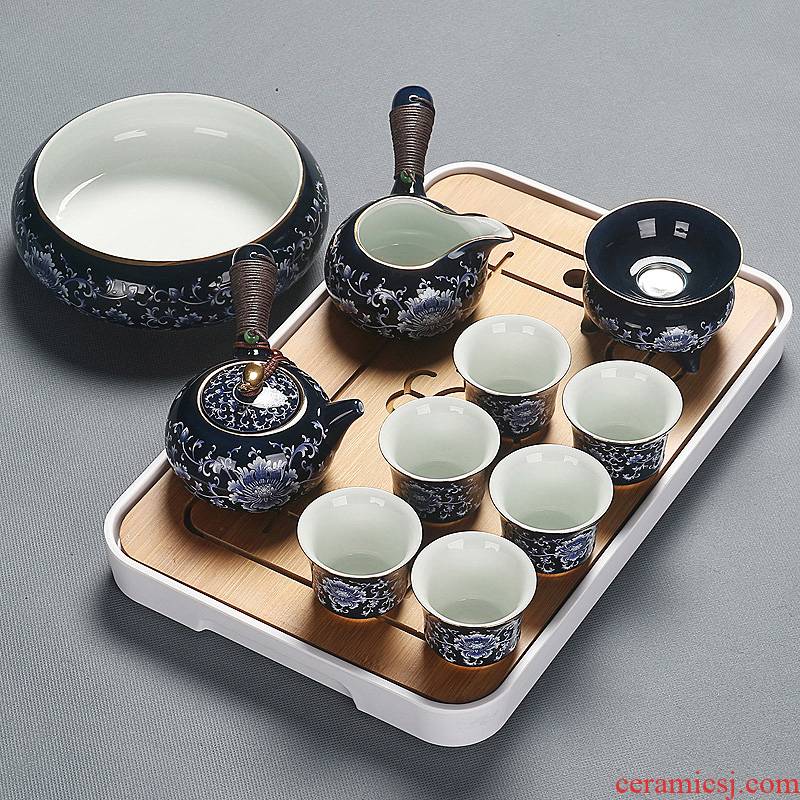 Household tureen teapot teacup tea mercifully tea art office kung fu ji blue see colour of a complete set of ceramic tea set