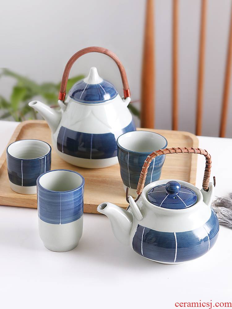 Three ceramic blue scene series Japanese teapot cup large ltd. liquor wine pot set the clear glass