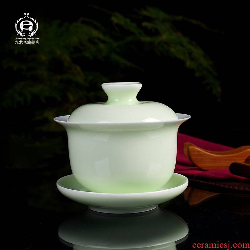 DH tureen three cups to large jingdezhen celadon large pea green glaze household kung fu tea accessories