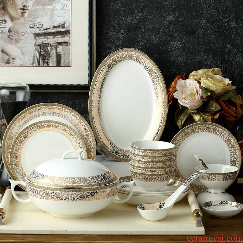 The dishes tangshan ipads porcelain tableware suit household European ceramics tableware bowl dish bowl spoon, chopsticks gold edge suit