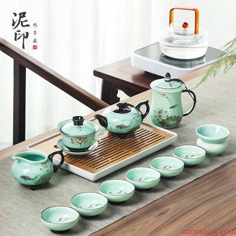 Kung fu tea set household contracted and I sitting room office ceramic lid bowl of high - grade tea cups