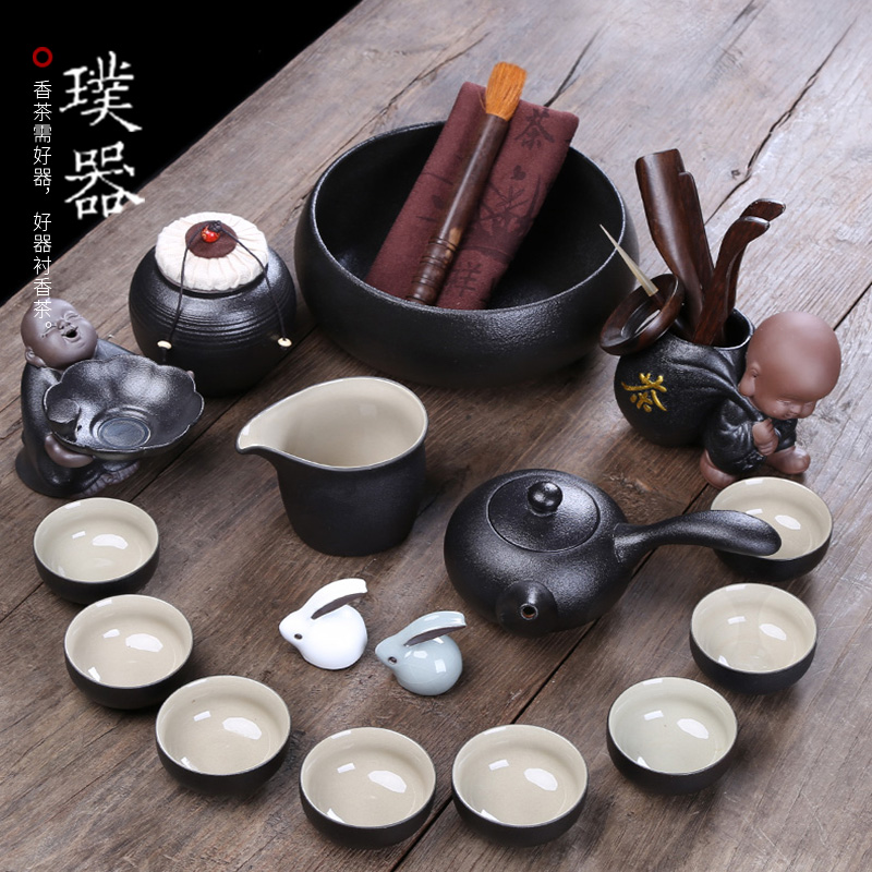 Household contracted lid bowl of black ceramic kung fu tea set office XiCha sea tea cups, complete set