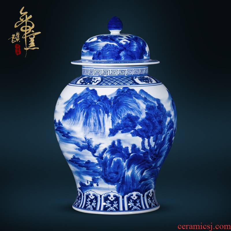 Antique hand - made of hand - made vases, jingdezhen ceramics general landscape of blue and white porcelain tea cover pot decorative furnishing articles