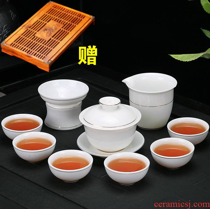 Ya xin kung fu tea set violet arenaceous household solid wood of a complete set of small tea tray was contracted white porcelain tea tea cups