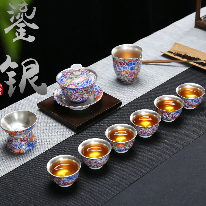 The pavilion silver colored enamel porcelain coppering. As kung fu tea set gift box office home tureen of a complete set of tea cups