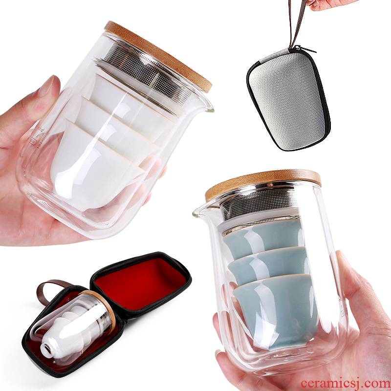 Double anti hot glass travel tea set with portable white porcelain tea cups kung fu to crack a pot of three