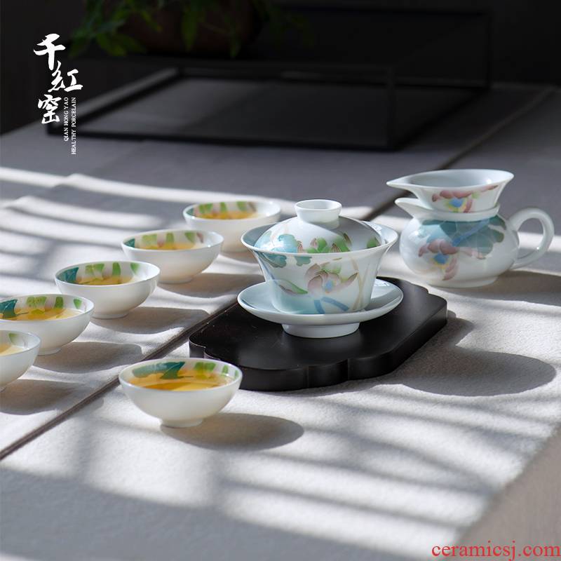 Under the glaze color hand - made tea set ceramic household small set of simple retro kung fu tea lotus tureen tea cup