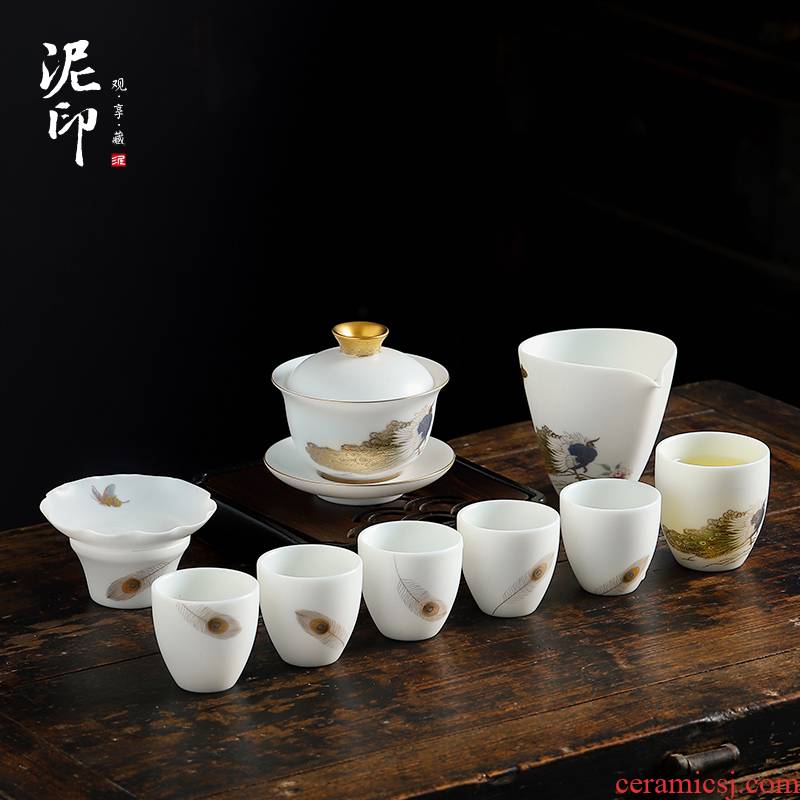 Dehua suet white porcelain clay seal kung fu tea set suit household peacock harmony of a complete set of gift box office to receive a visitor