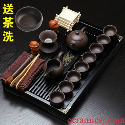 Small kung fu tea set pack of a complete set of mini purple ceramic simple household bamboo tea tray tea cup 6 office