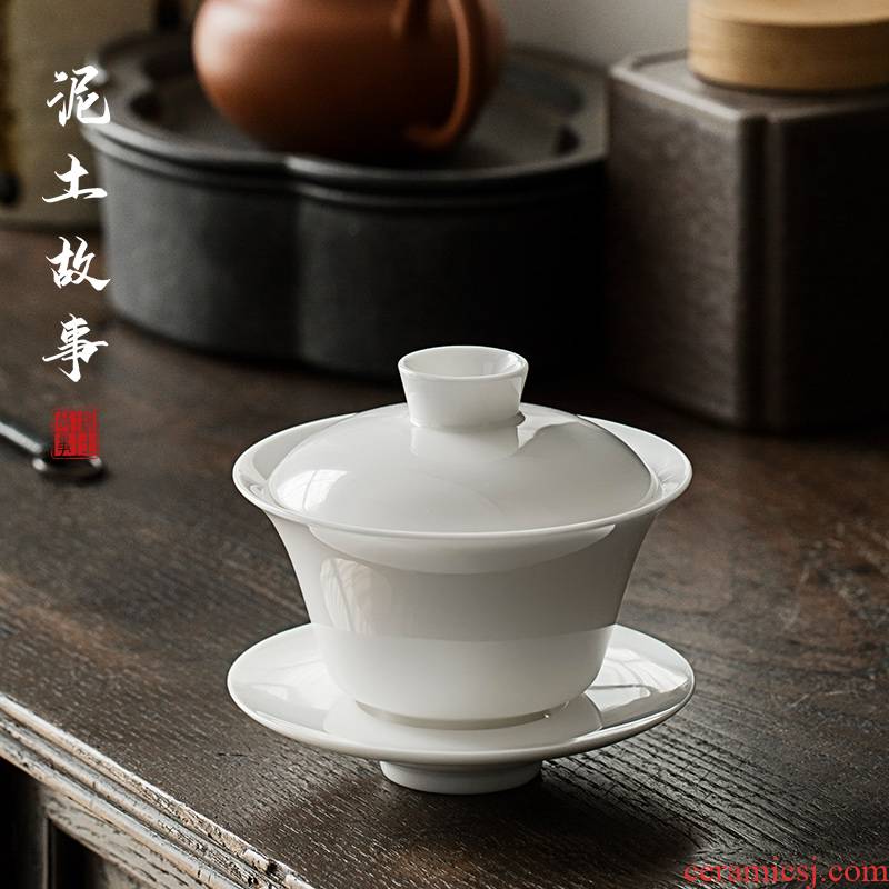 Manual tureen jade porcelain only three bowl of tea large household hot white tea tureen single kung fu tea set