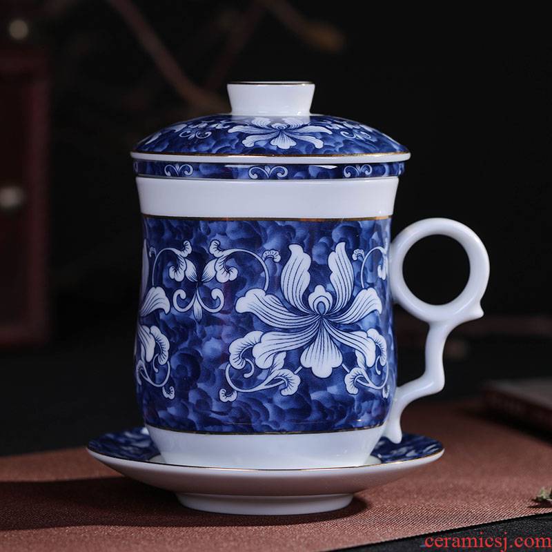 Jingdezhen ceramic tea cup filter with cover glass office home ins blue and white porcelain keller cup