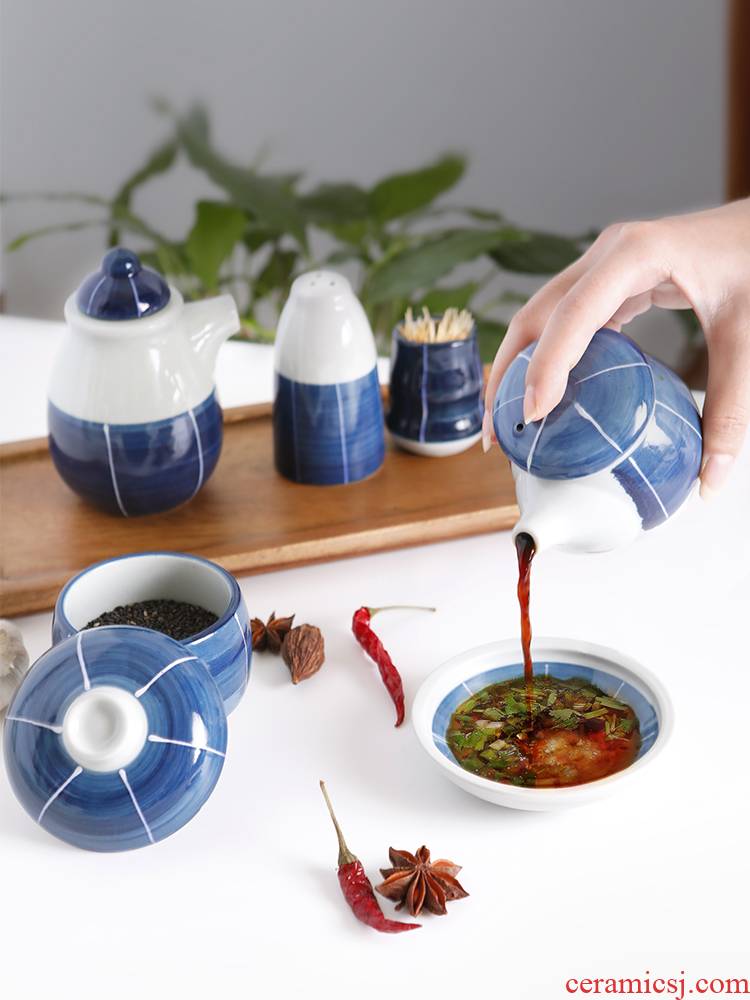 Three series of ceramic blue scene toothpicks extinguishers seasoning as cans sugar bowls combination with soy sauce vinegar cruet set in the kitchen