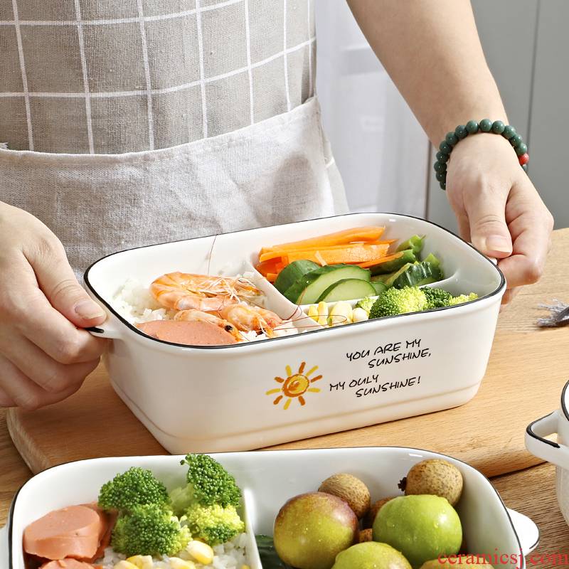 Bento fresh cartoon three - piece three lattice ceramic bowl with lunch box, lunch box microwave bag in the mail