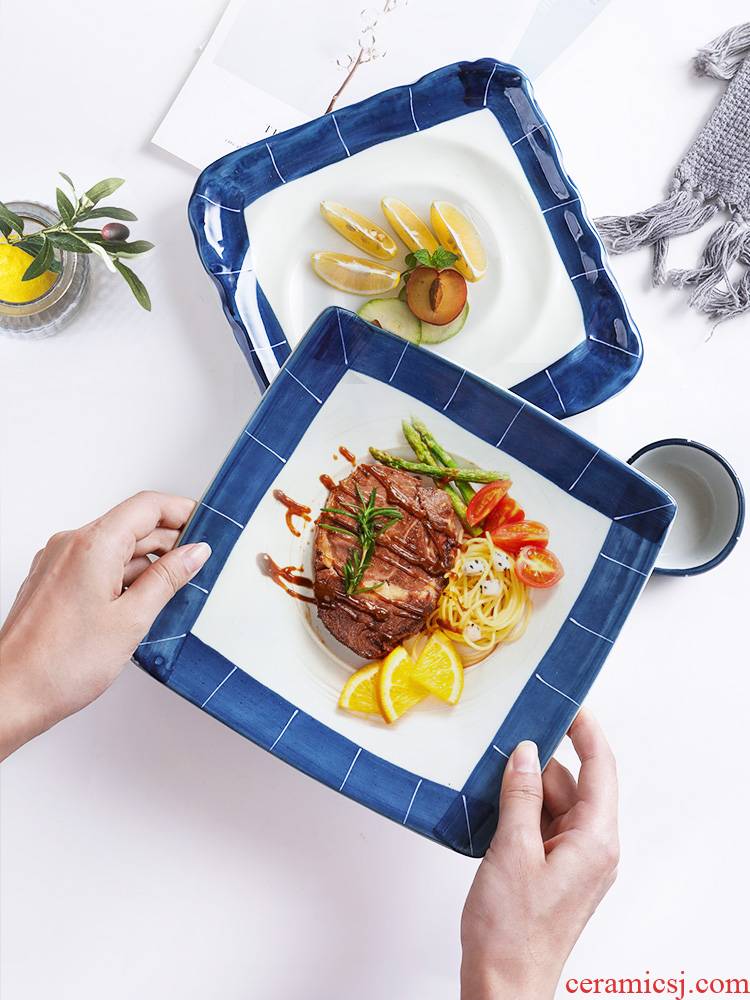 Three ceramic Japanese blue scene series food dish restaurants fry FanPan compote creative move square plate tableware household