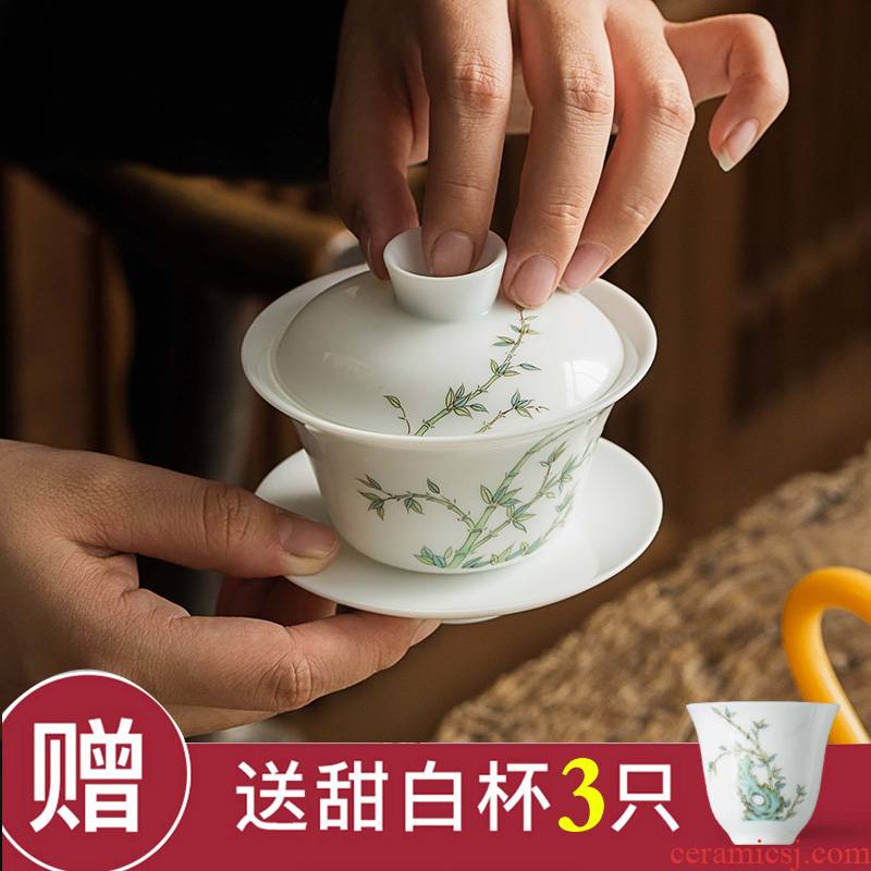 Manual sweet white only three tureen jingdezhen thin foetus a single jade porcelain cups tea bowl of Japanese household kung fu tea set