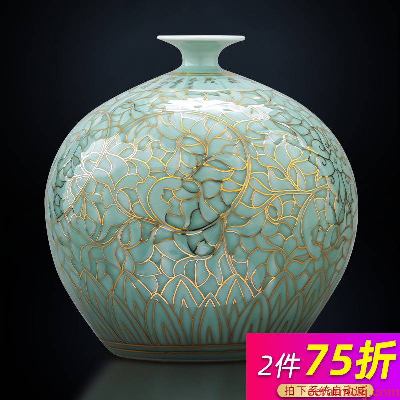 Jingdezhen ceramics green light glaze vase hand - made paint pomegranate bottles of Chinese key-2 luxury home sitting room adornment is placed