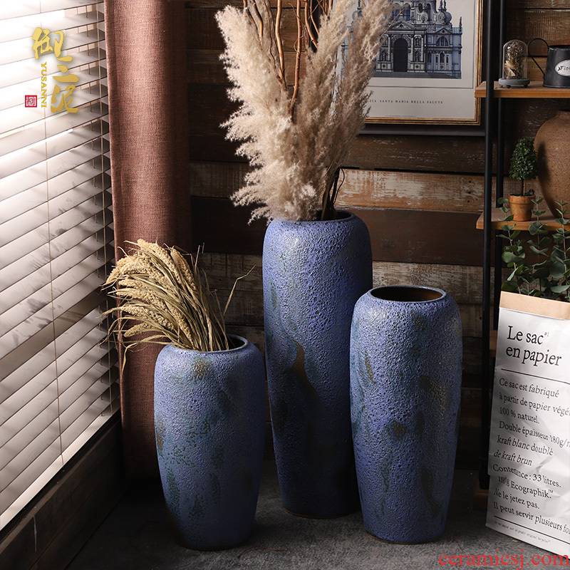 Retro coarse pottery vase landing blue ceramic dried flower arranging flowers furnishing articles POTS to I and contracted sitting room window decoration